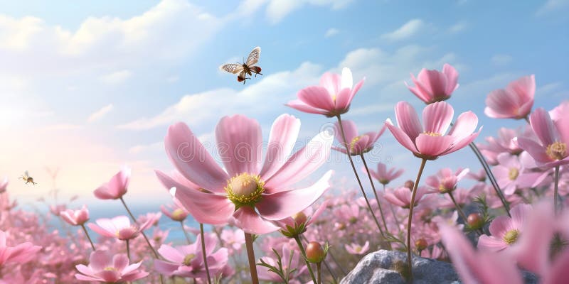 Anemones pink flowers field in the fresh spring against blue sky royalty free illustration
