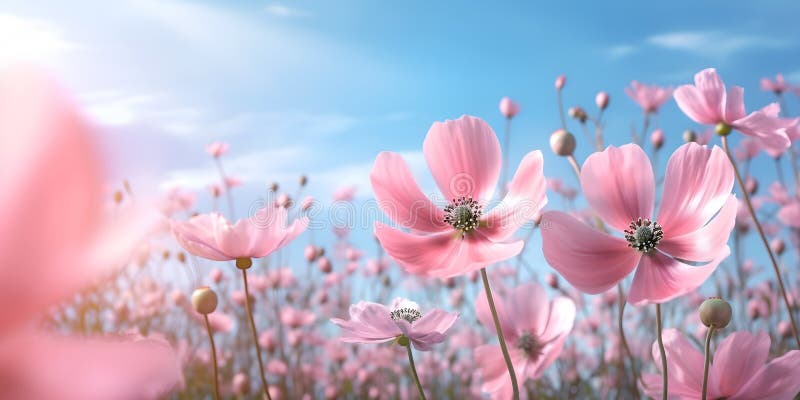 Anemones pink flowers field in the fresh spring against blue sky royalty free illustration