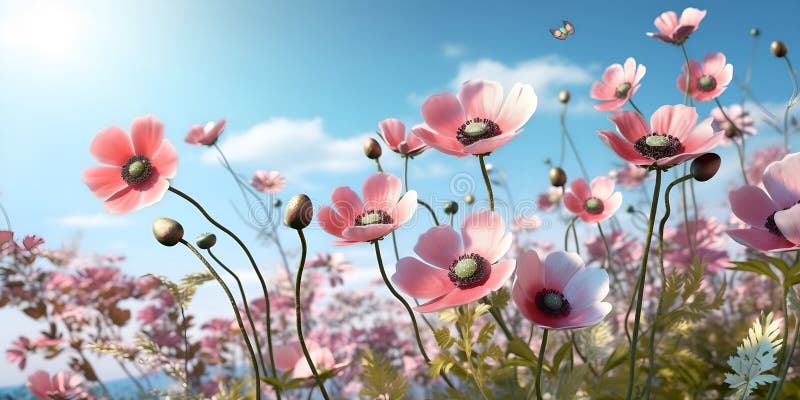 Anemones pink flowers field in the fresh spring against blue sky vector illustration