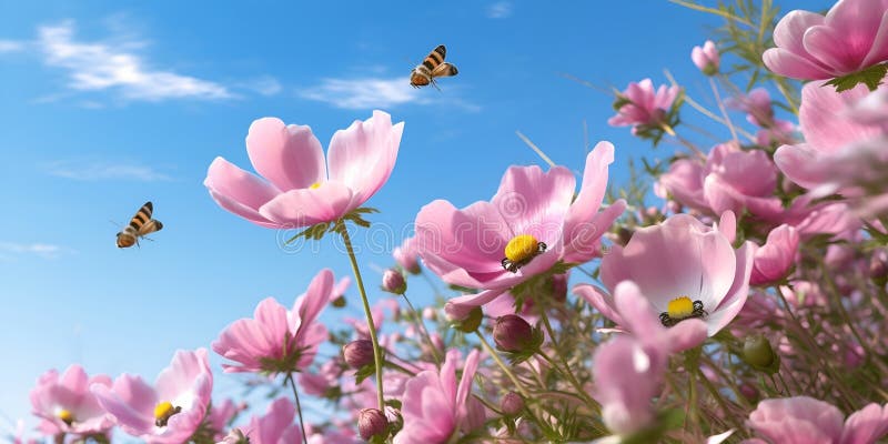Anemones pink flowers field in the fresh spring against blue sky stock illustration