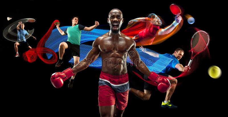 anfaller Sportcollage om badminton-, tennis-, boxning- och handbollspelare royaltyfria bilder anfaller Sportcollage om badminton-, tennis-, boxning- och handbollspelare royaltyfria bilder