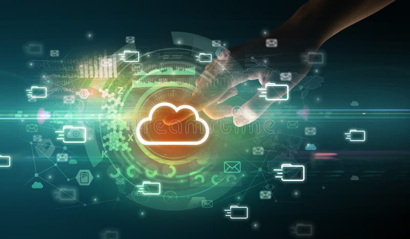 Anfassen mit Multimedia-Bildschirm mit Soft-Geste und zukünftigem Technologiekonzept. Handberührung mit Soft-Geste Multimedia-Bildschirm mit Cloud-Icons Zukunftskonzept im Dunkeln Hintergrund
