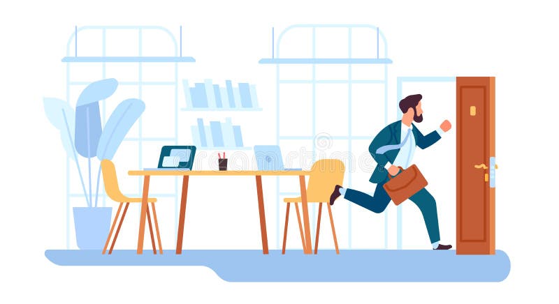 Angajatul fuge de birou. rulare rapidă. om care părăsește locul de muncă. sfârșit de zi de lucru. evadarea din funcție. om de afa stock illustration