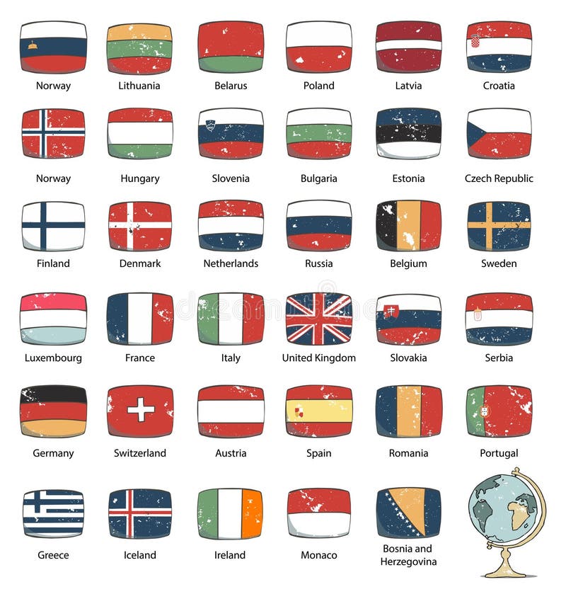 Ange europeiska flaggor Kartoon-ikon Landflaggor för uttagna samlingar Vektor för körningsformat Flaggländer i Europa royaltyfri illustrationer Ange europeiska flaggor Kartoon-ikon Landflaggor för uttagna samlingar Vektor för körningsformat Flaggländer i Europa royaltyfri illustrationer