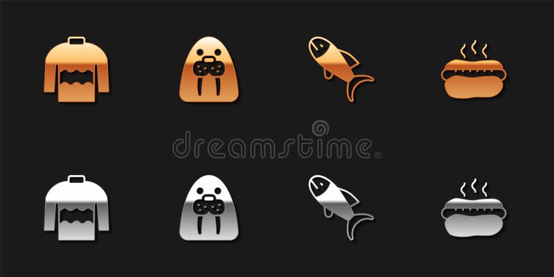 Ange ikon för Sweater Walrus animal Fish and Hotdog sandwich. Vector royaltyfri illustrationer