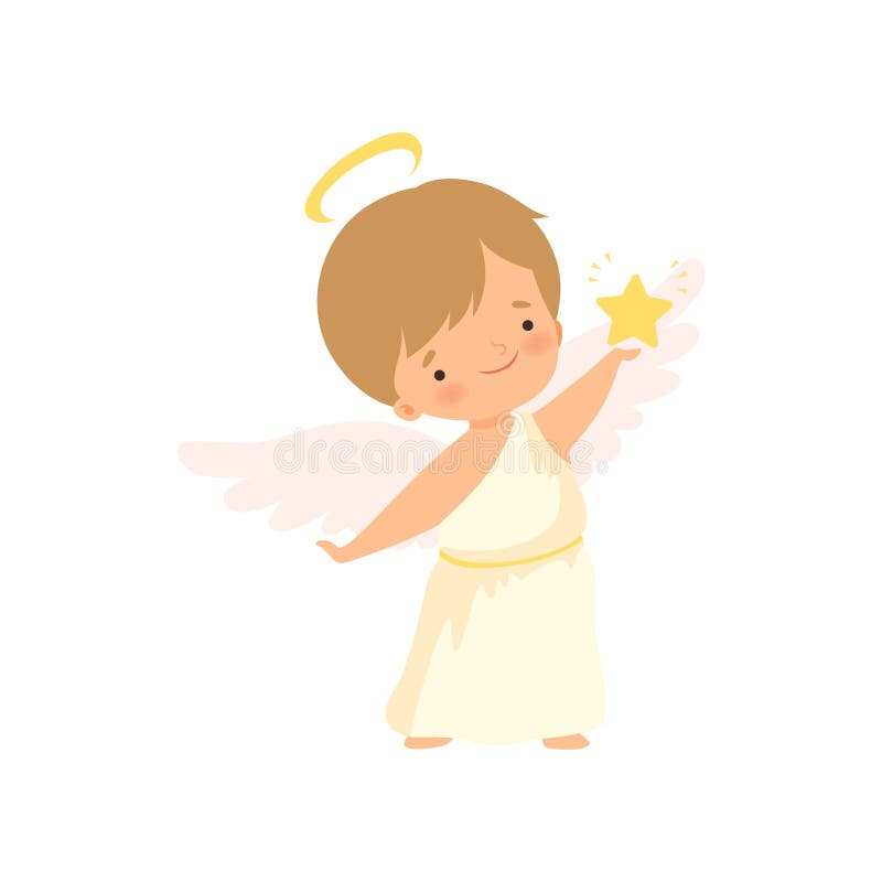 Ange Mignon De Garcon Avec Nimbus Et Des Ailes Tenant L Etoile D Or Le Beau Personnage De Dessin Anime De Bebe Dans Le Cupidon O Illustration De Vecteur Illustration Du Ange Gosse