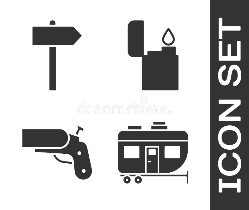 Ange rv campingsläpvagnens vägtrafikskylt, strålpistol och tändarikon. vektor stock illustrationer