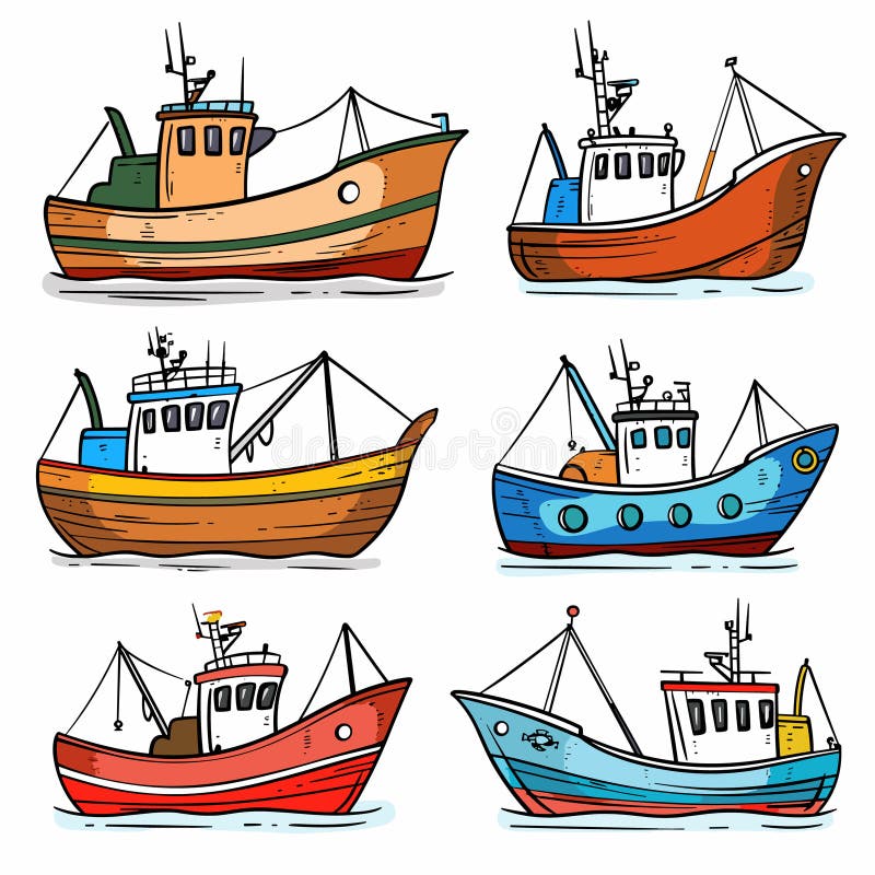 Ange sex färgfulla tecknade fiskbåtar med handritad vektor illustration av isolerad vit fisk. olika vektor illustrationer