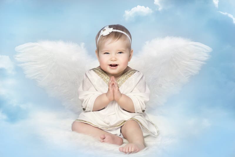 Angel Baby with Amur Wings, Happy Kid Cupid Sitting on Blur Sky