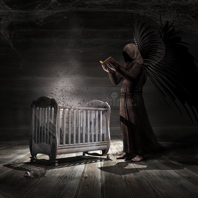 Angel and the empty cradle stock illustration. Illustration of