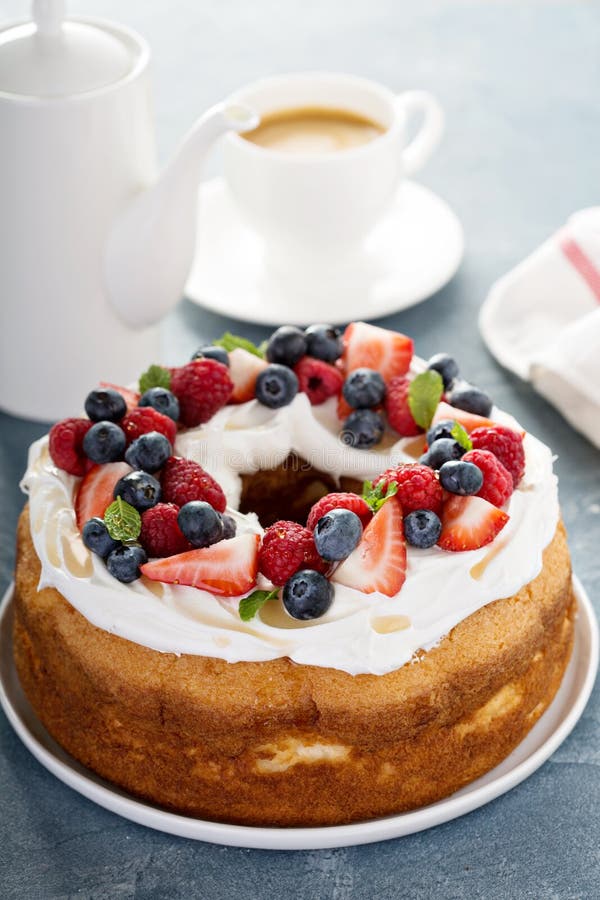Angel Food Cake with Whipped Cream and Berries Stock Image Image of