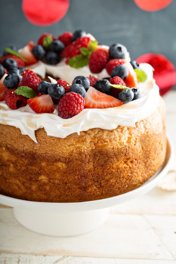 Angel Food Cake with Whipped Cream and Berries Stock Image Image of