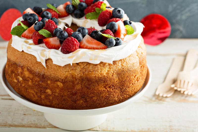 Angel Food Cake with Whipped Cream and Berries Stock Image Image of