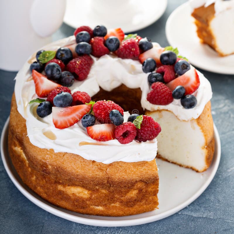 Angel Food Cake with Whipped Cream and Berries Stock Image Image of