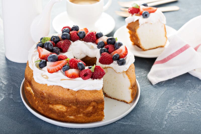 Angel Food Cake with Whipped Cream and Berries Stock Image Image of