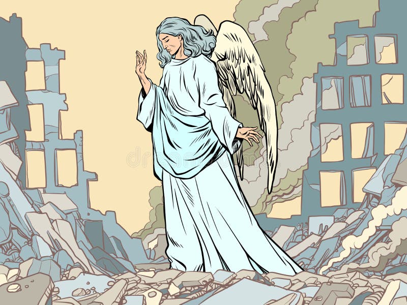 An angel in the middle of the ruins of a burning city. The war is the death of civilians. Humanitarian crisis. Pop Art Retro Vector Illustration 50s 60s Kitsch Vintage Style