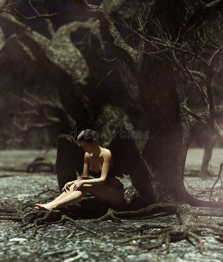 An angel in mystical forest stock illustration