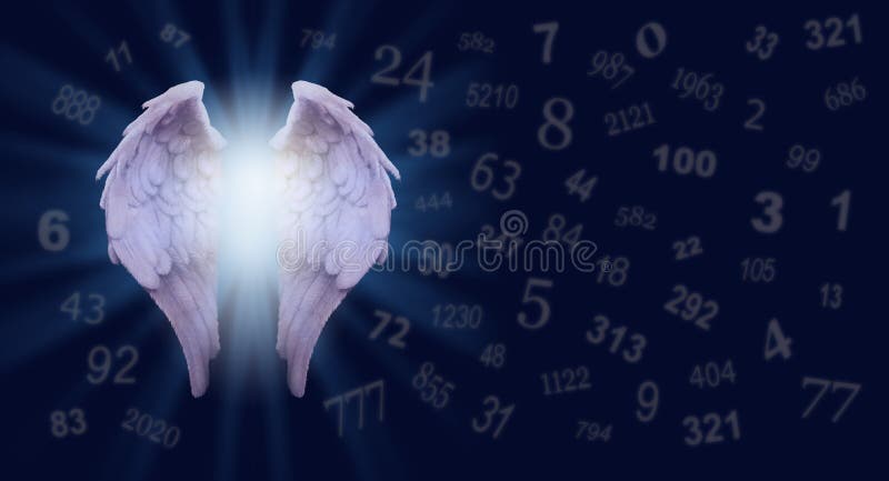 Purple tinged angel wings on a dark blue background beside soft focus faded scattered random numbers from 1 to 5210 and space for copy. Purple tinged angel wings on a dark blue background beside soft focus faded scattered random numbers from 1 to 5210 and space for copy