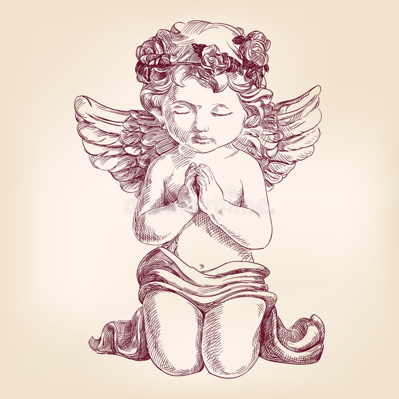 Angel prays on his knees hand drawn vector llustration realistic sketch