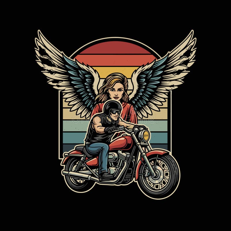 A stylized illustration features a man riding a classic red motorcycle, depicted in a bold, graphic style. Behind him, a woman with large, feathered wings is positioned, suggesting a guardian angel or a powerful muse. The background is a retro-style sunset with horizontal stripes of orange, yellow, and teal, set against a solid black backdrop. This artwork evokes themes of freedom, adventure, rebellion, and a touch of the supernatural, suitable for designs related to motorcycling culture, vintage aesthetics, or symbolic imagery. Angel rider vectors
