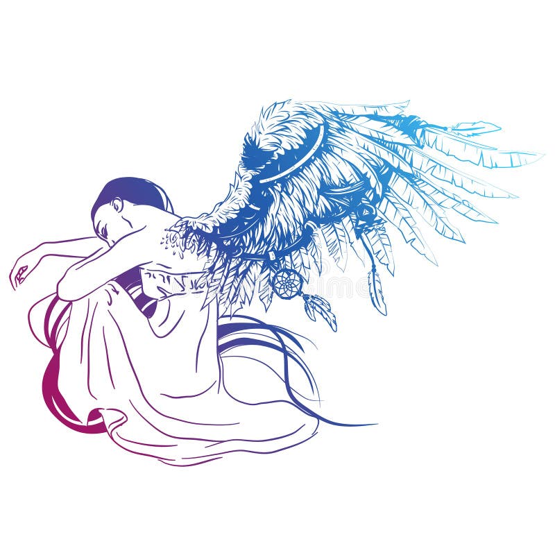 Vector illustration of sad angel with two faded. the sad angel folded his wings. Angel sits folding his wings