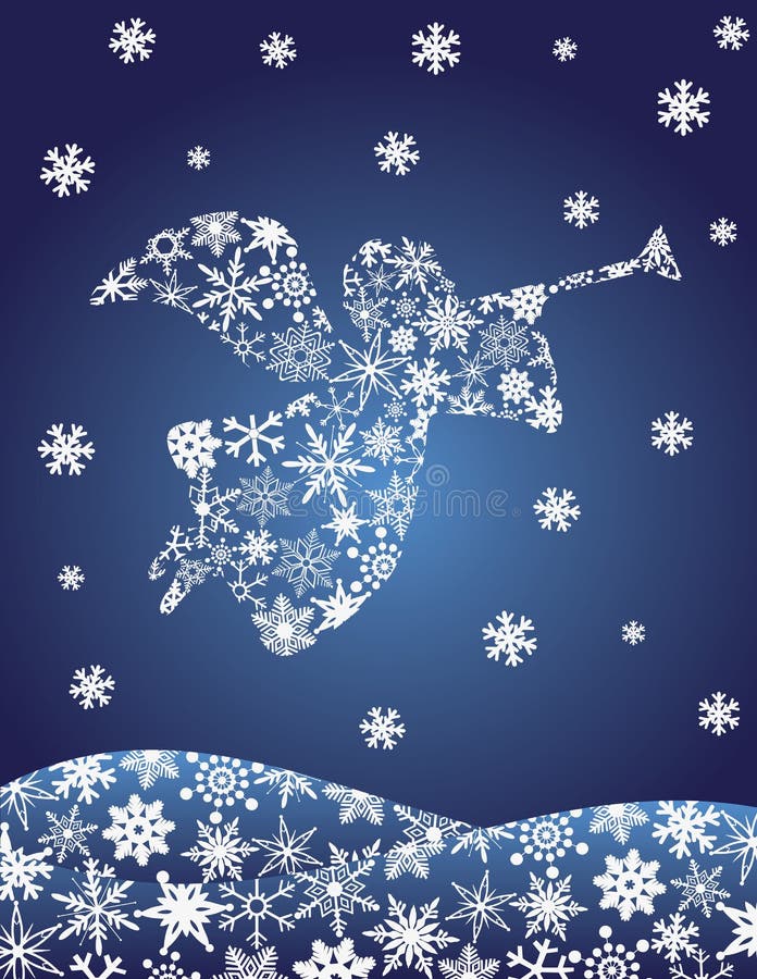 Angel with Trumpet Silhouette with Snowflakes stock illustration Angel with Trumpet Silhouette with Snowflakes stock illustration