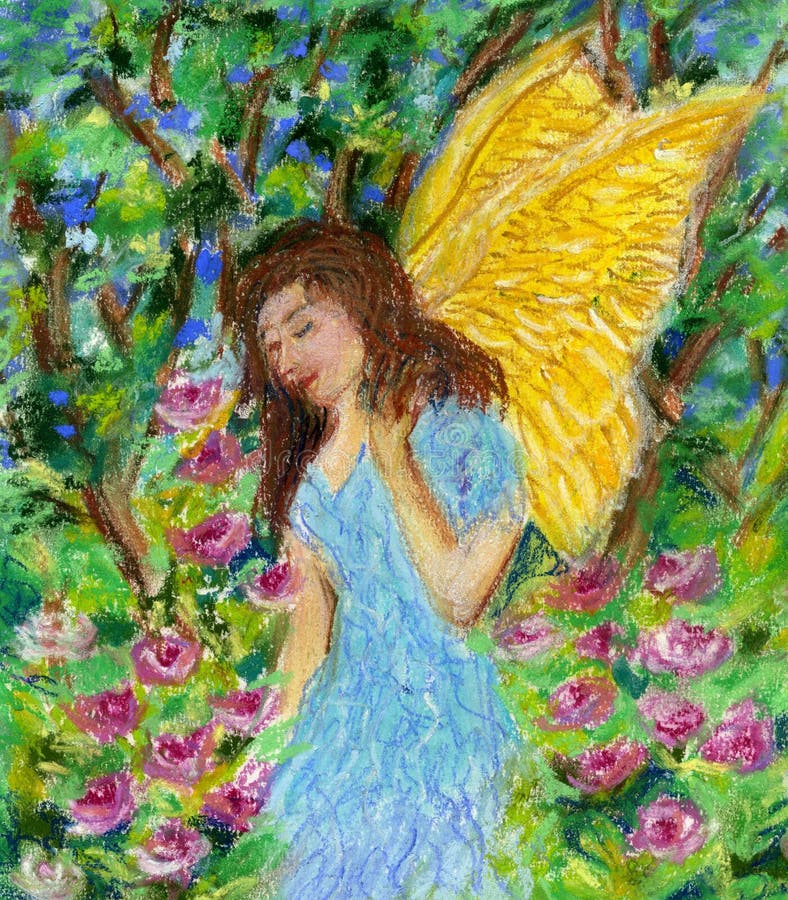 Angel walking in the garden.