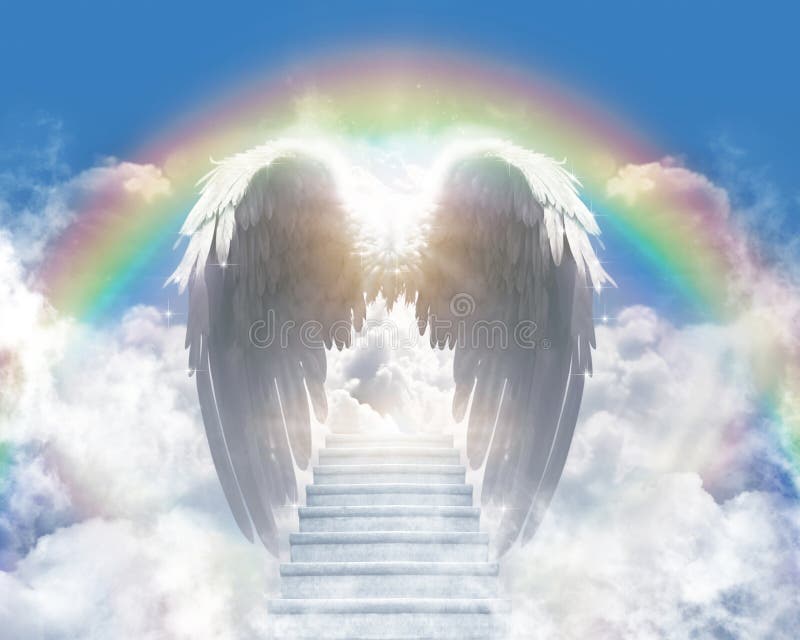 White angel wings are in a heavenly sky with sunlight, clouds and a rainbow with stairs for a funeral memorial or loss of life text graphic. Wings were generated with AI. White angel wings are in a heavenly sky with sunlight, clouds and a rainbow with stairs for a funeral memorial or loss of life text graphic. Wings were generated with AI