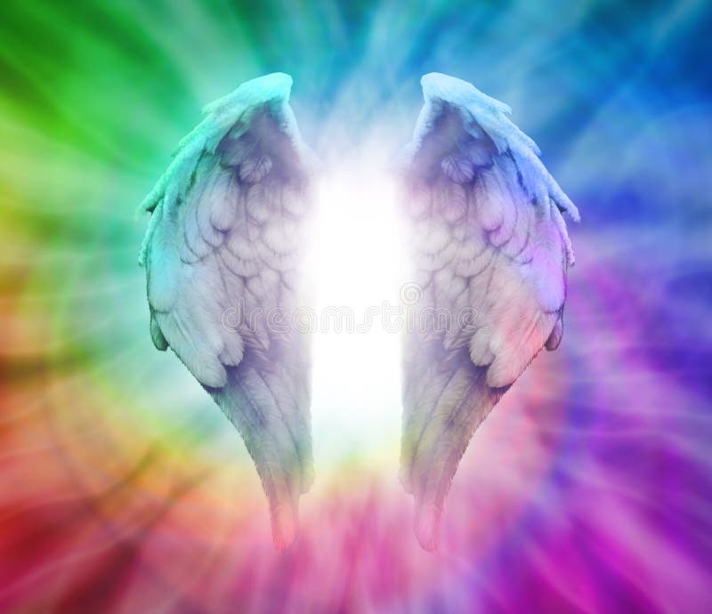 Angel Wings on spiraling Rainbow colored Background with white energy between wings. Angel Wings on spiraling Rainbow colored Background with white energy between wings