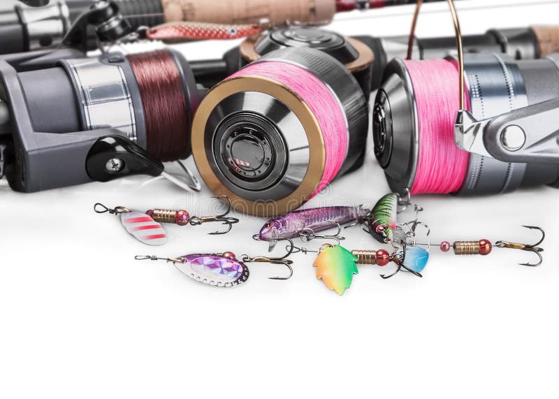 Angelausrüstungs-Spinnen lokalisiert auf Whit lizenzfreie stockfotos Angelausrüstungs-Spinnen lokalisiert auf Whit lizenzfreie stockfotos