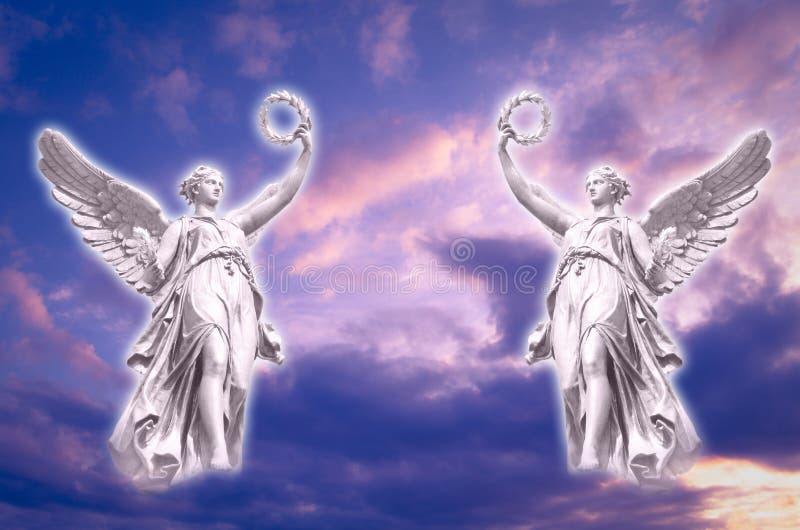 Two angels archangels over beautiful sky. Two angels archangels over beautiful sky