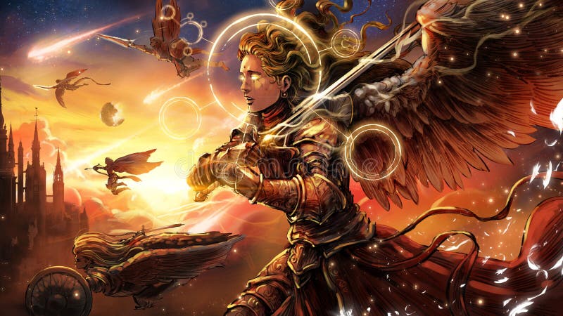 Kaira - Cidade em Chamas Angelic-army-depicts-beautiful-female-knight-flying-across-sky-battle-magical-sword-hand-her-fellow-214908522