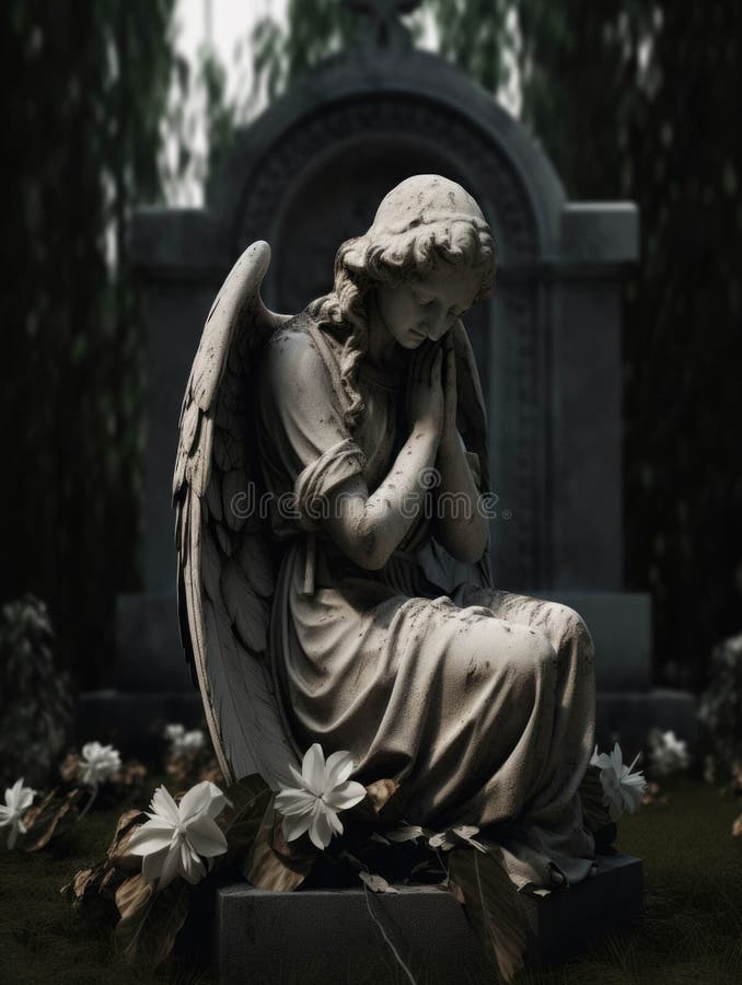 An angelic statue weeping silently over a forgotten burial plot. Gothic art. AI generation