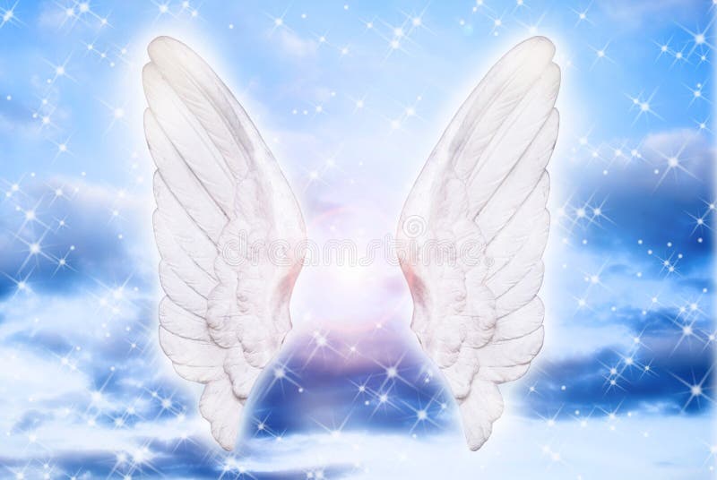 Angel wings over blue sky with divine light and stars. Angel wings over blue sky with divine light and stars