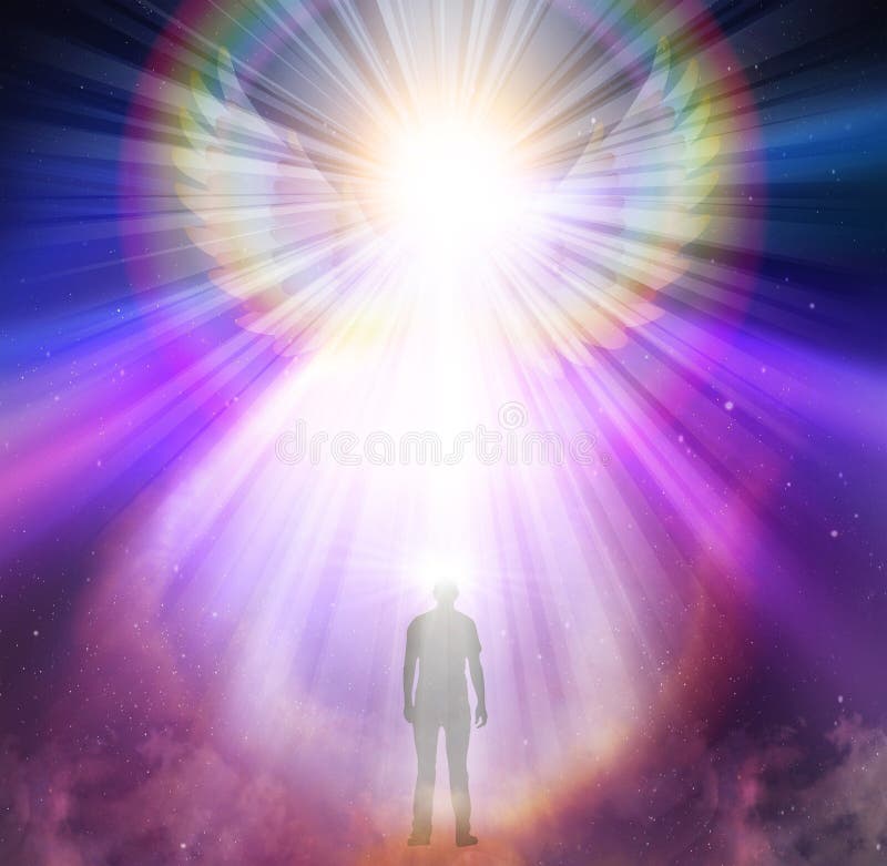 Angelo spirituale guida della luce e dell'amore che fa un miracolo sulle ali angeliche arcobaleno