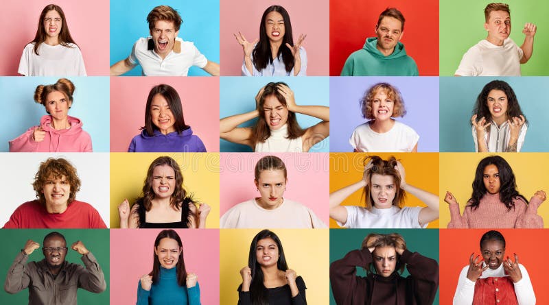 Anger and irritation. Collage of different young people, men and women of diverse nationality showing emotions of royalty free stock image
