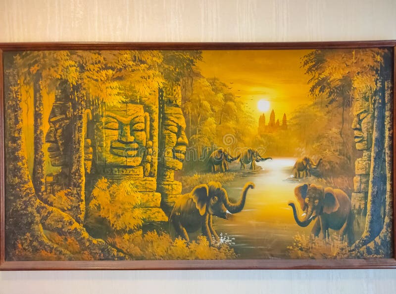 Angkor Wat, Cambodia - February 17, 2011: mysterious Balinese artwork in painting style at shop at Ubud, Indonesia stock photos Angkor Wat, Cambodia - February 17, 2011: mysterious Balinese artwork in painting style at shop at Ubud, Indonesia stock photos