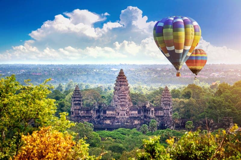 Angkor Wat Temple met ballon, Siem oogst stock fotografie Angkor Wat Temple met ballon, Siem oogst stock fotografie