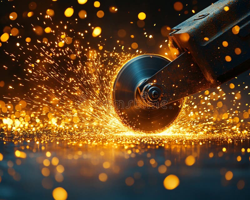 Angle grinder in action creating sparks in a workshop setting during evening hours royalty free stock photo