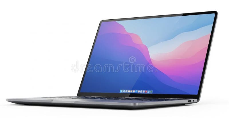A sleek modern laptop with a thin silver body and a large high resolution screen displaying a gradient of blue and pink colors. The display shows a dock with app icons at the bottom. The laptop features a black keyboard and a large trackpad. Ports are visible along the side and the design emphasizes a minimalistic lightweight aesthetic typical of contemporary portable computers. The angle suggests it is resting on a flat surface positioned open and slightly tilted. Laptop side angle illustrations