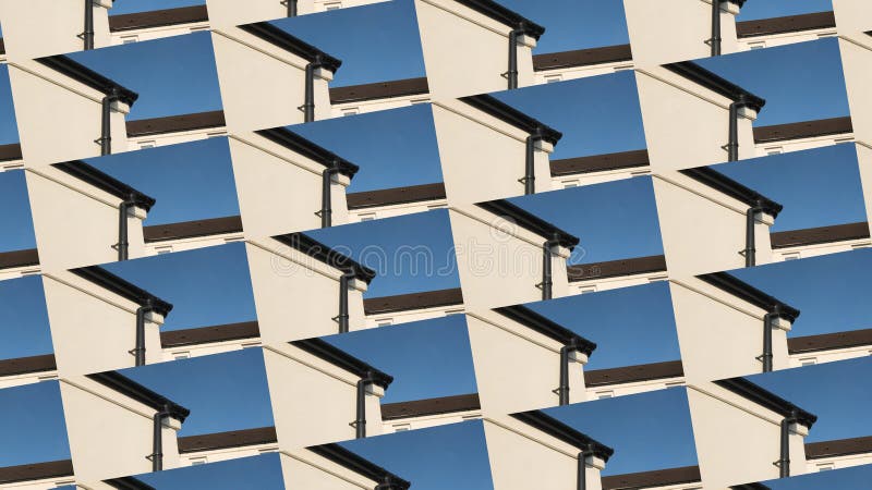 Repeated architectural features creating a geometric pattern, white render, blue sky with black outlined. Repeated architectural features creating a geometric pattern, white render, blue sky with black outlined