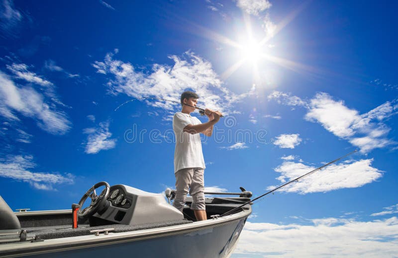 Mature man on a motor boat. Fishing royalty free stock images Mature man on a motor boat. Fishing royalty free stock images