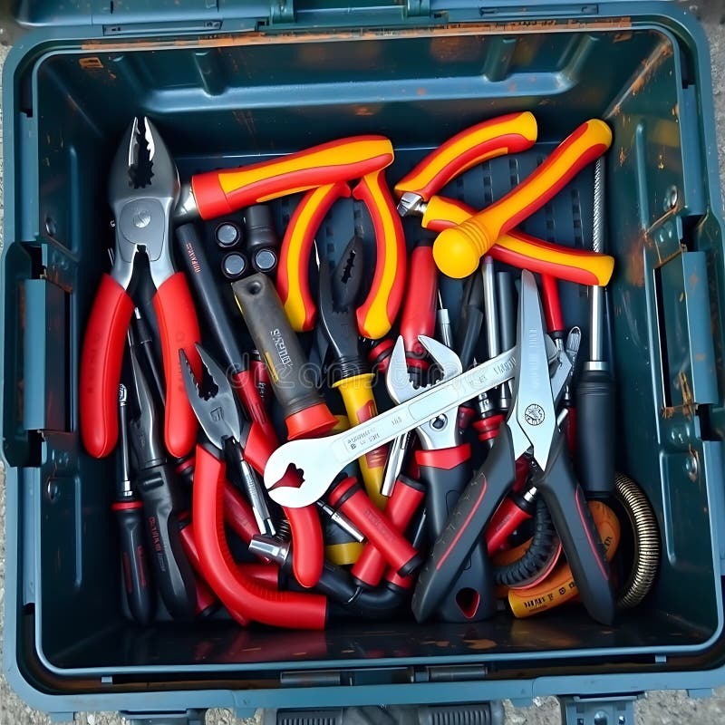 Angolo elevato di una scatola degli utensili riempita di vari utensili a mano isolati, compresi i cacciaviti delle pinze e una chi royalty illustrazione gratis