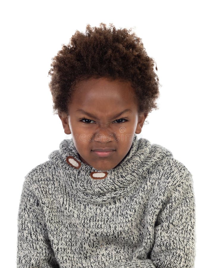 Angry african child with wool jersey isolated on a white background