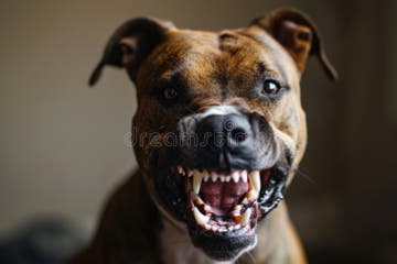 An Angry Aggressive Pit Bull Terrier Type Dog Snarling at the Camera