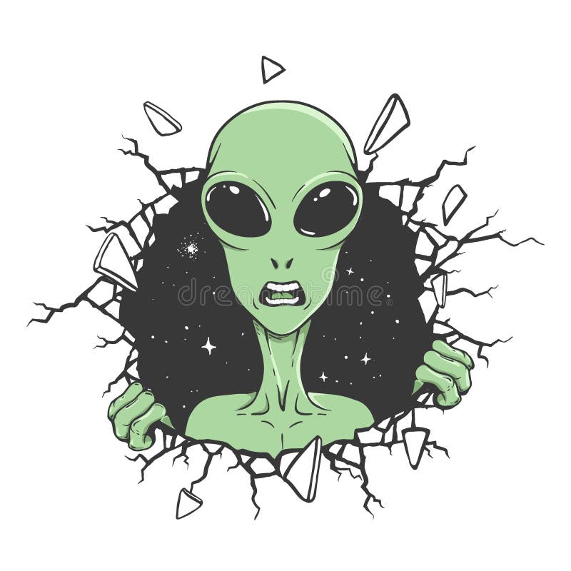 Angry alien breaks out through the wall stock illustration