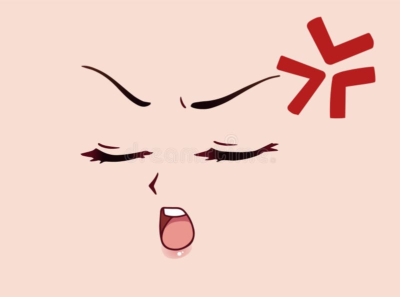 Angry anime style face with closed eyes, little nose and kawaii mouth, funn...