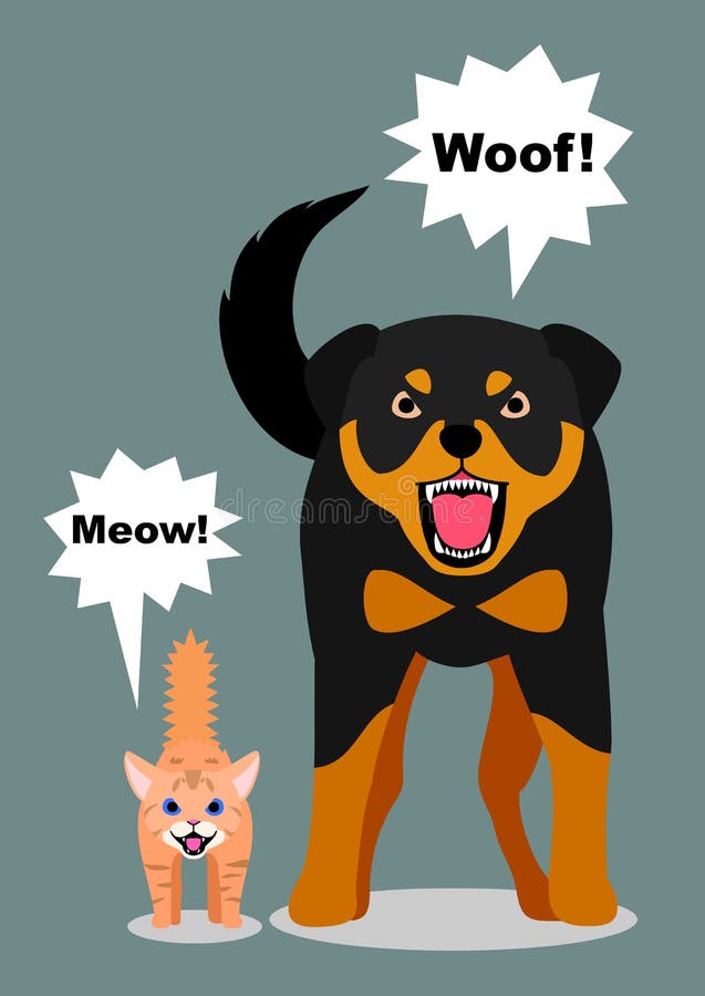 Angry big dog and little kitty threatening enemies. Growling dog vectors