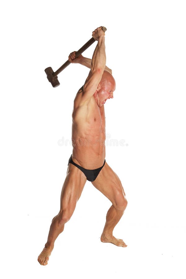 Angry Fit Bodybuilder With Hammer On White Isolated Background. Angry Fit Bodybuilder With Hammer On White Isolated Background