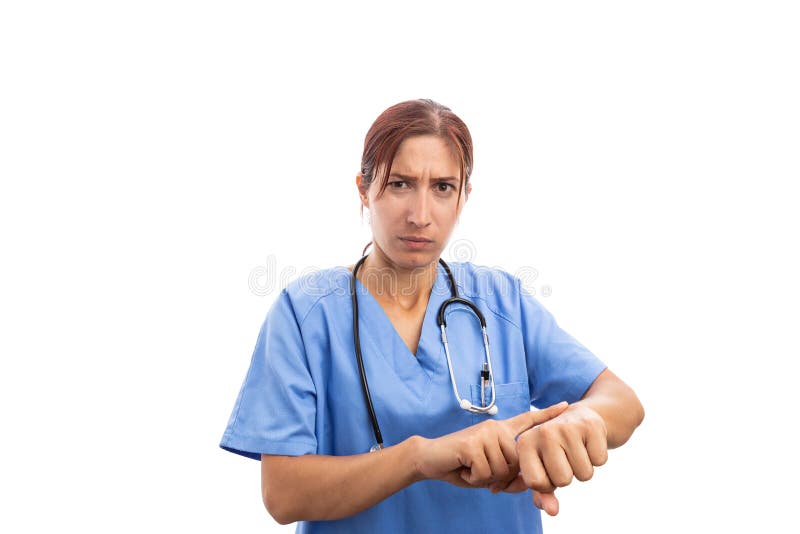 Angry bossy woman nurse or doctor making late time gesture royalty free stock images Angry bossy woman nurse or doctor making late time gesture royalty free stock images
